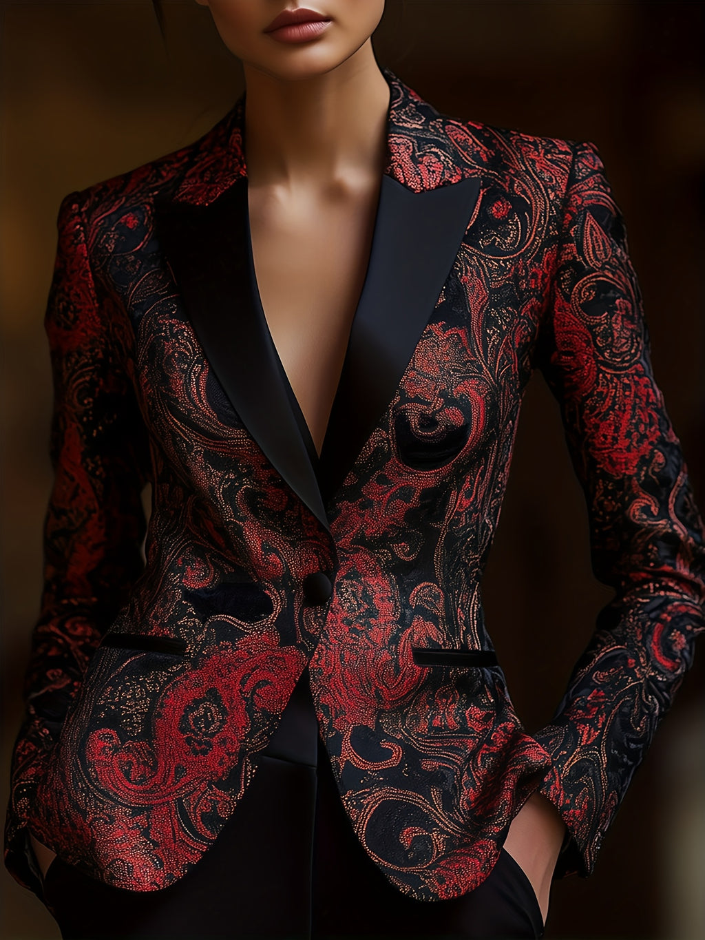 Paisley Print Blazer for Women Satin Stitching Long Sleeve Urban Elegance Cachemire Motif Woven Jacket Black S-XXL