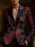 Paisley Print Blazer for Women Satin Stitching Long Sleeve Urban Elegance Cachemire Motif Woven Jacket Black S-XXL