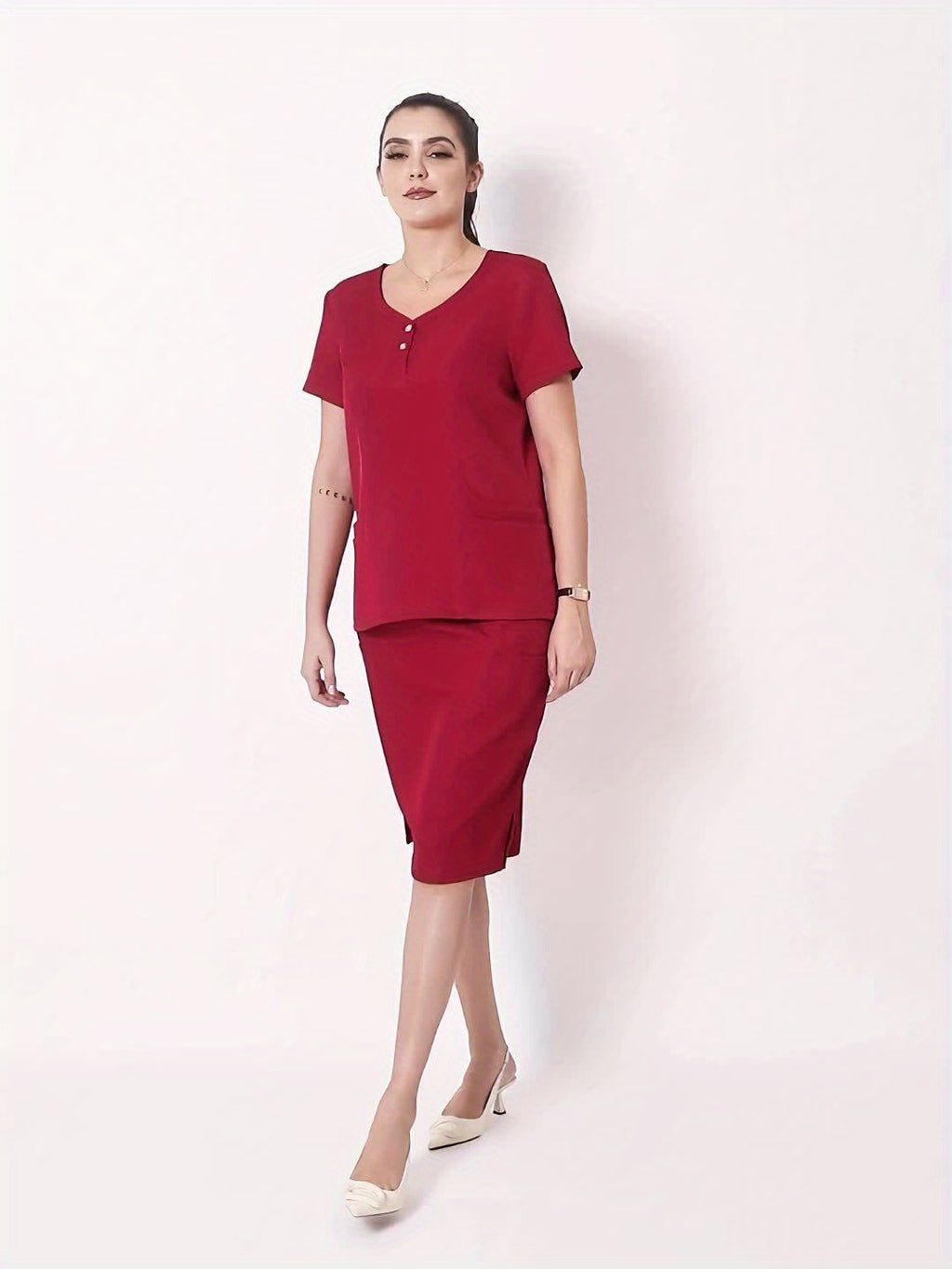 Women's V-Neck Scrub Set Short Sleeve Medical Uniform Beauty Salon Polyester Solid Color Top & Skirt with Pockets