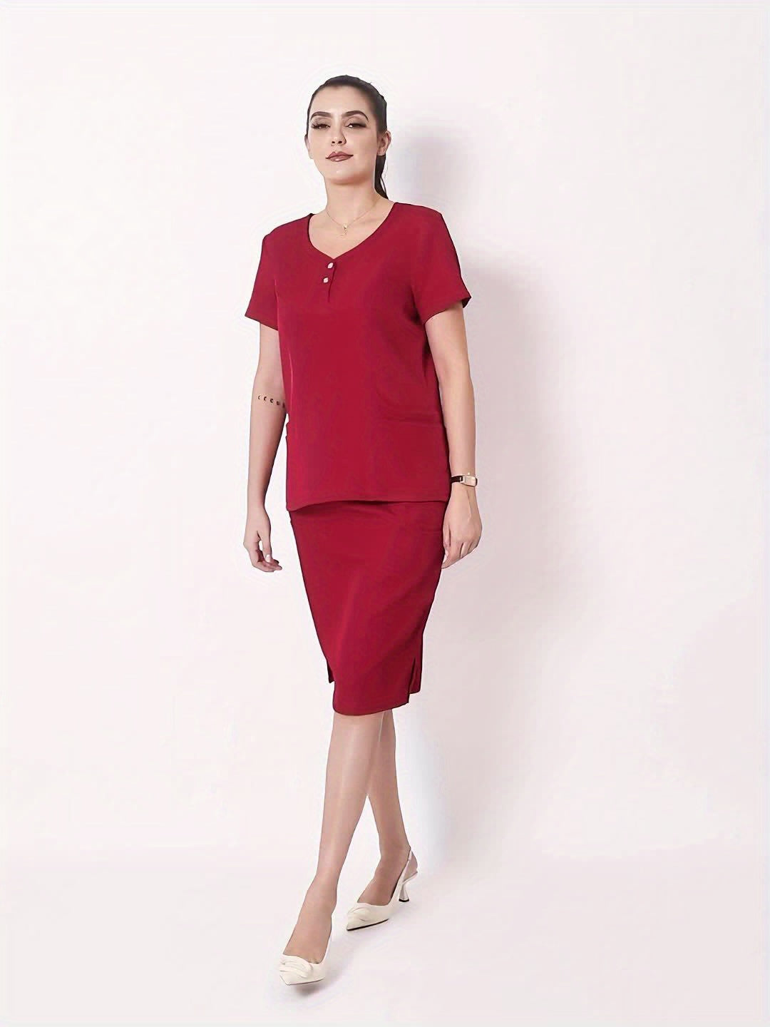 Women's V-Neck Scrub Set Short Sleeve Medical Uniform Beauty Salon Polyester Solid Color Top & Skirt with Pockets