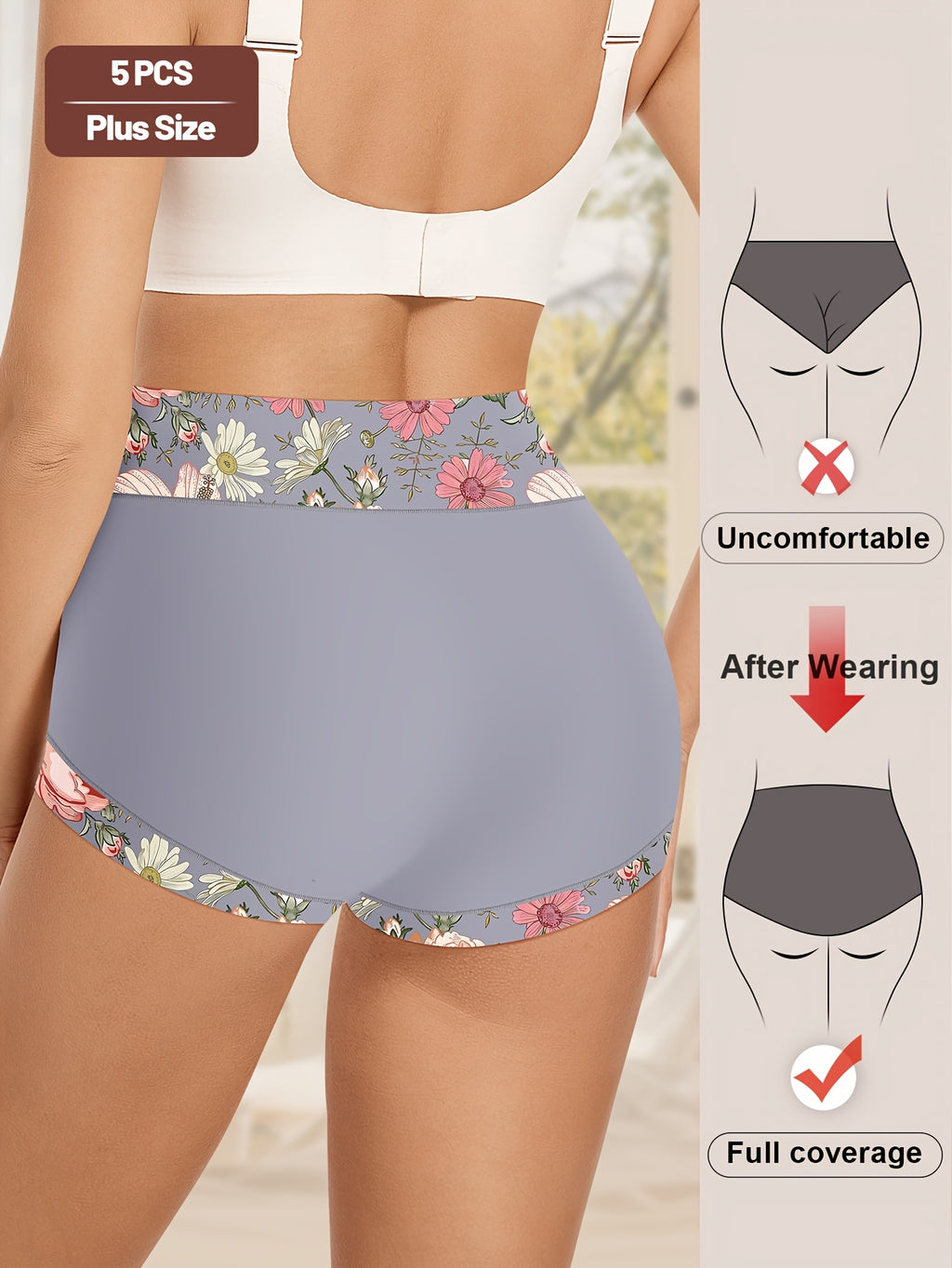 Plus Size Panties 5 Pack Women Floral Print High Waisted Soft Briefs Elegant Comfortable Underwear Set