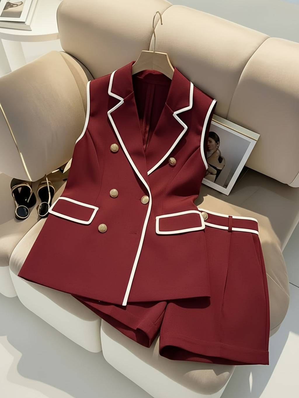 Double-Breasted Vest & Shorts 2-Piece Set for Women - Black White Contrast Trim Polished Casual Suit Chic Matching Outfit