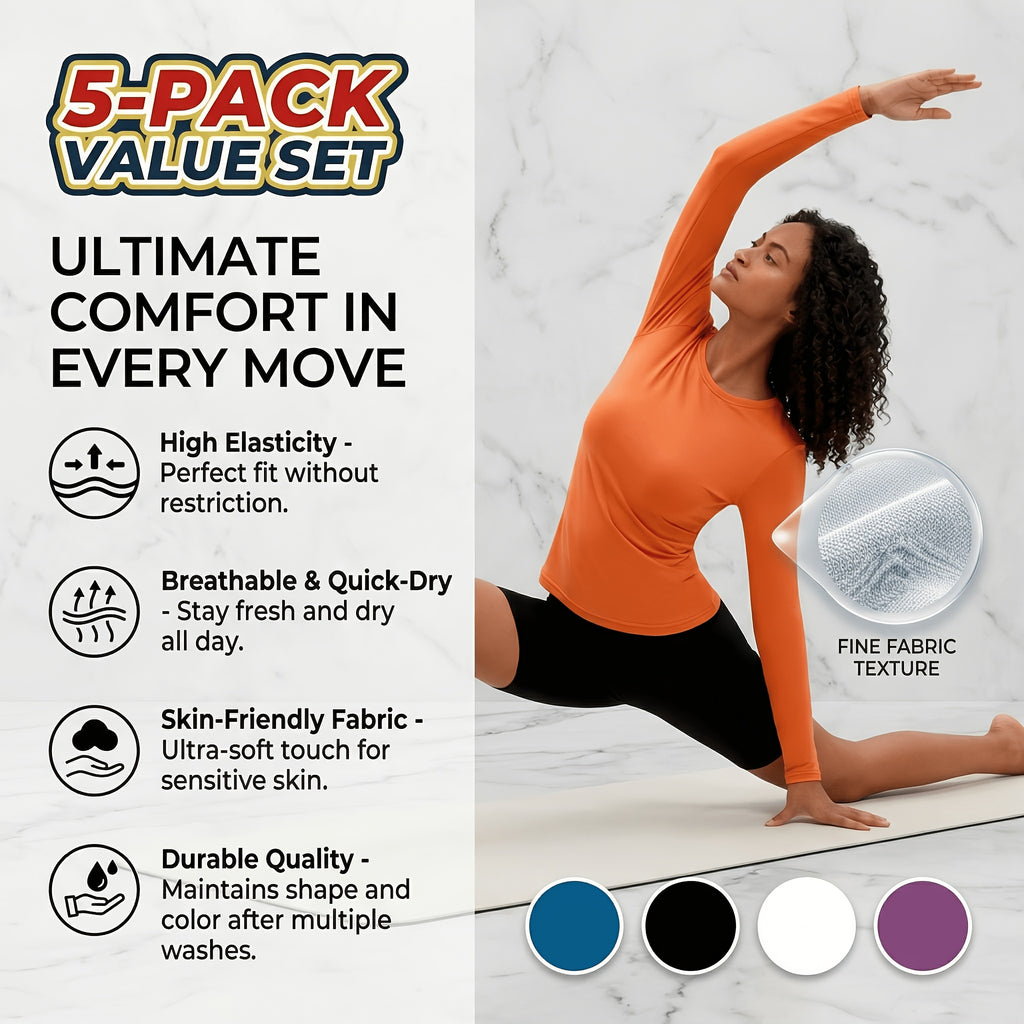 5-Pack Long Sleeve Women T-Shirts V-Neck Moisture-Wicking Breathable High Stretch Outdoor Solid Color Top Four Seasons Assorted Colors