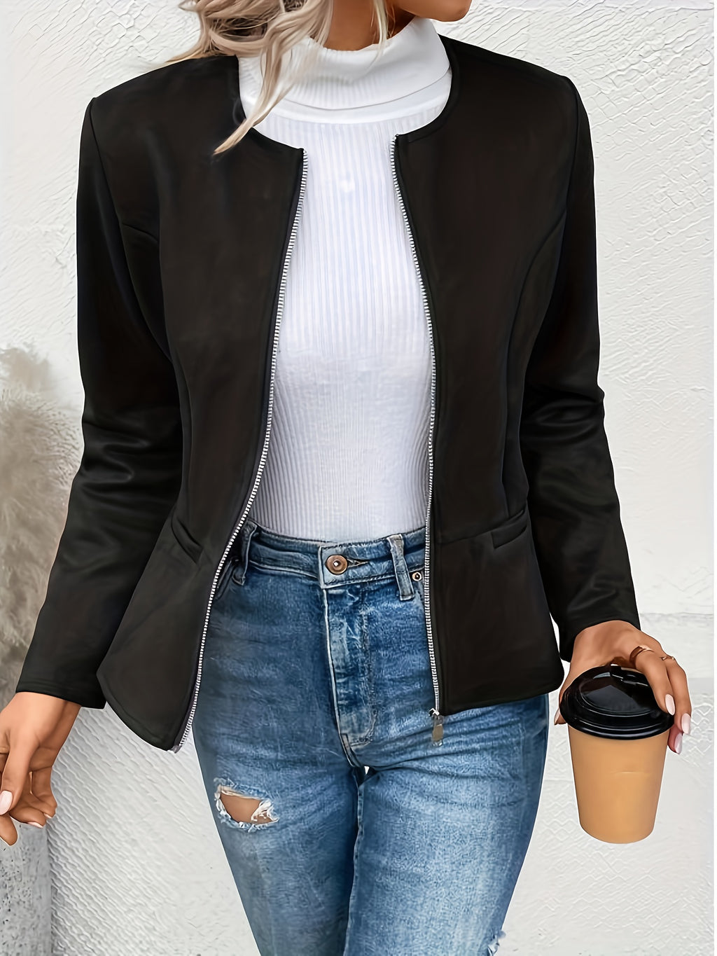 Slim Fit Zip Up Jacket for Women Round Neck Long Sleeve Casual Coat Solid Color All Season Versatile
