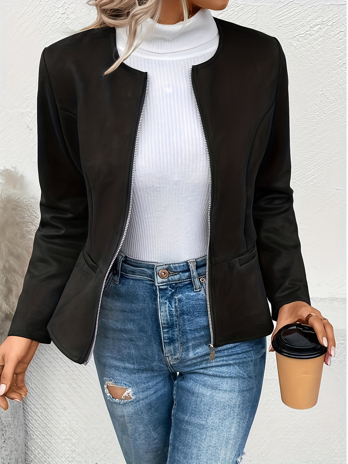 Slim Fit Zip Up Jacket for Women Round Neck Long Sleeve Casual Coat Solid Color All Season Versatile