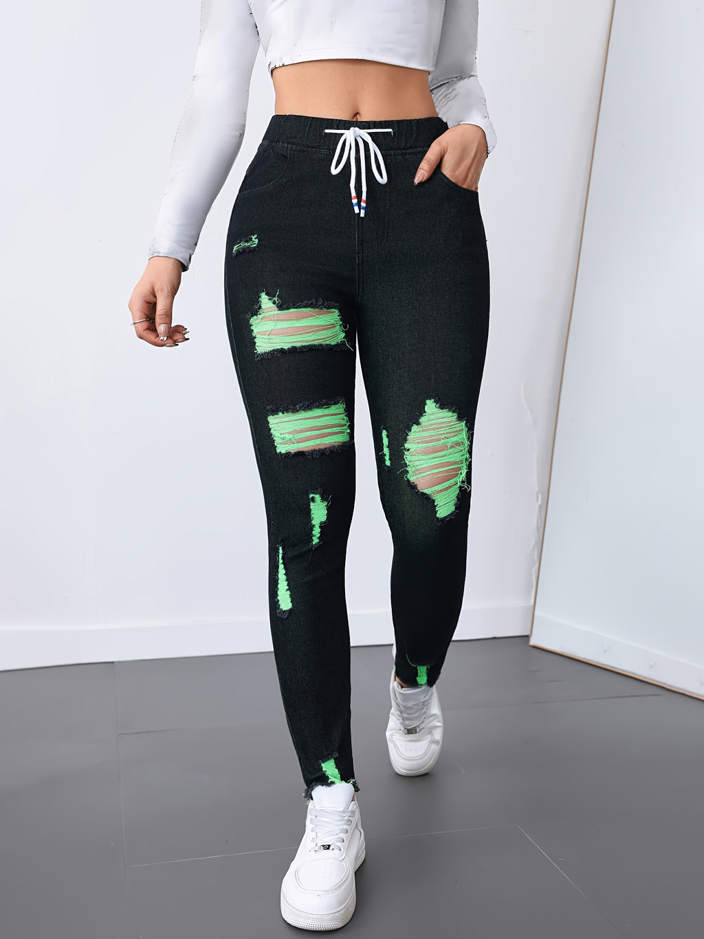 Black Red Distressed Skinny Jeans Women Drawstring Elastic Waist Stretch Ripped Denim S-XXL