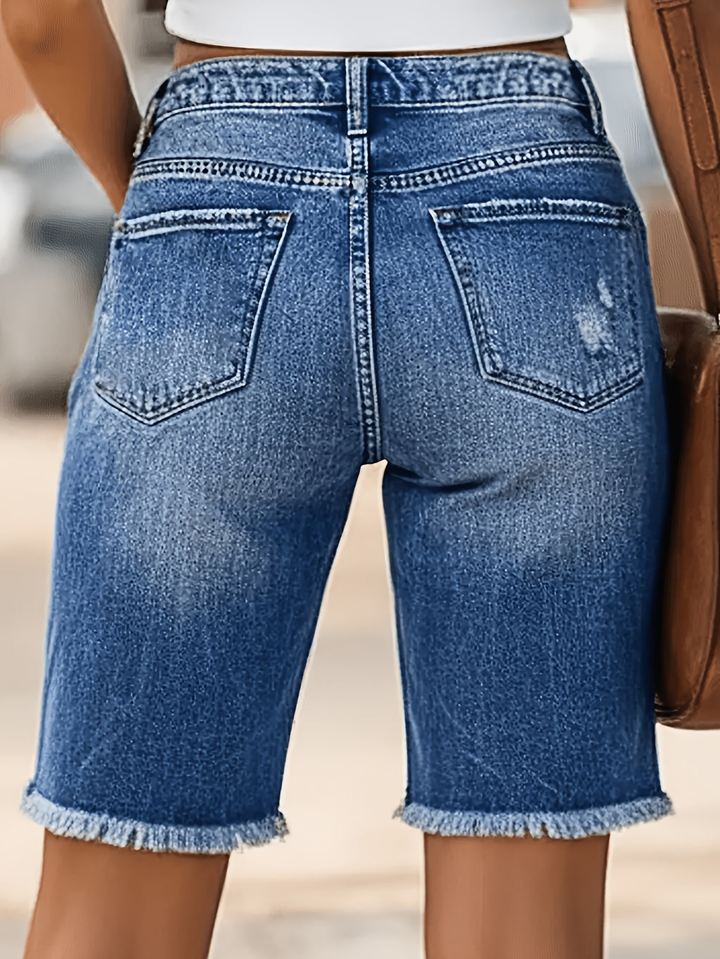 Women's Embroidered Patch Distressed Bermuda Denim Shorts Mid-Rise Frayed Summer Casual | Mira Roam