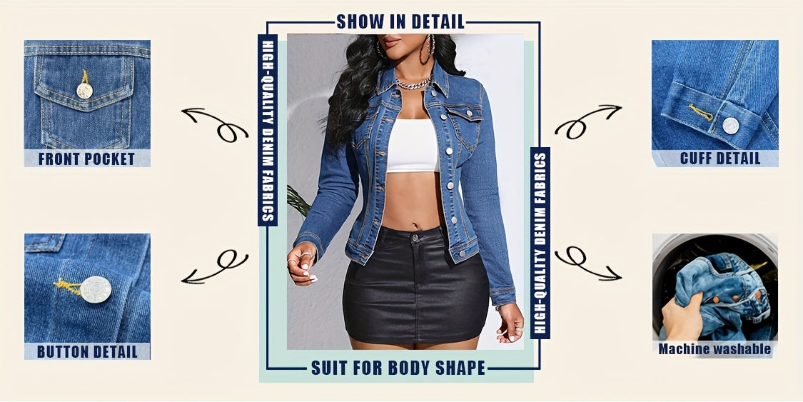 Slim Fit Stretch Denim Jacket Women Vintage Blue Short Form-Fitting Coat with Pockets Stylish Elegant Summer Outerwear
