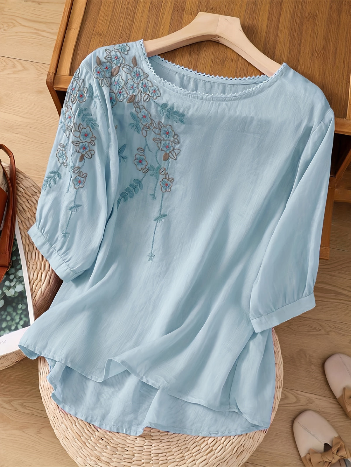 Embroidered Viscose Shirt Women Retro Artistic Loose Fit Top Spring Summer Blouse Light Purple Blue Green Rose Red S-XXL