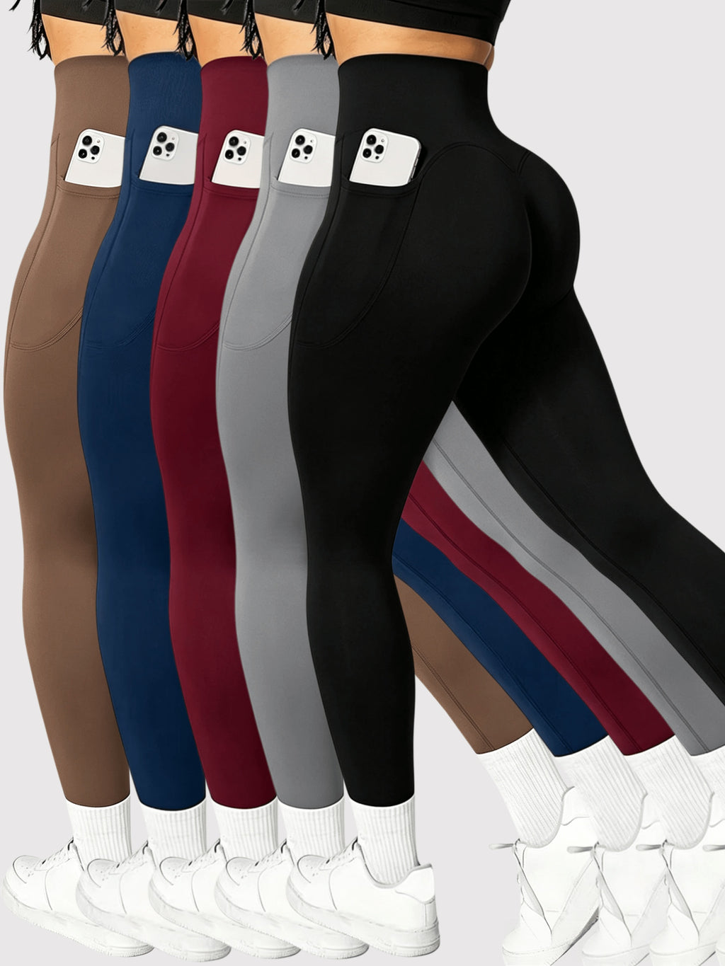 High Waist Leggings with Pockets for Women 5 Pack – Soft Butt Lifting Tummy Control Stretch Pants, Comfortable Everyday Workout Yoga Athletic Casual Bottoms, Value Set S-XXL