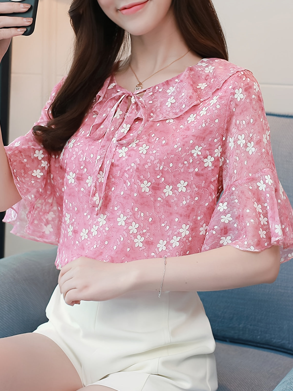 Floral Bell Sleeve Chiffon Blouse for Women | Ruffled Round Neck Lightweight Top | Pink Floral Print Elegant Shirt | Casual Formal All-Season Women's Blouse