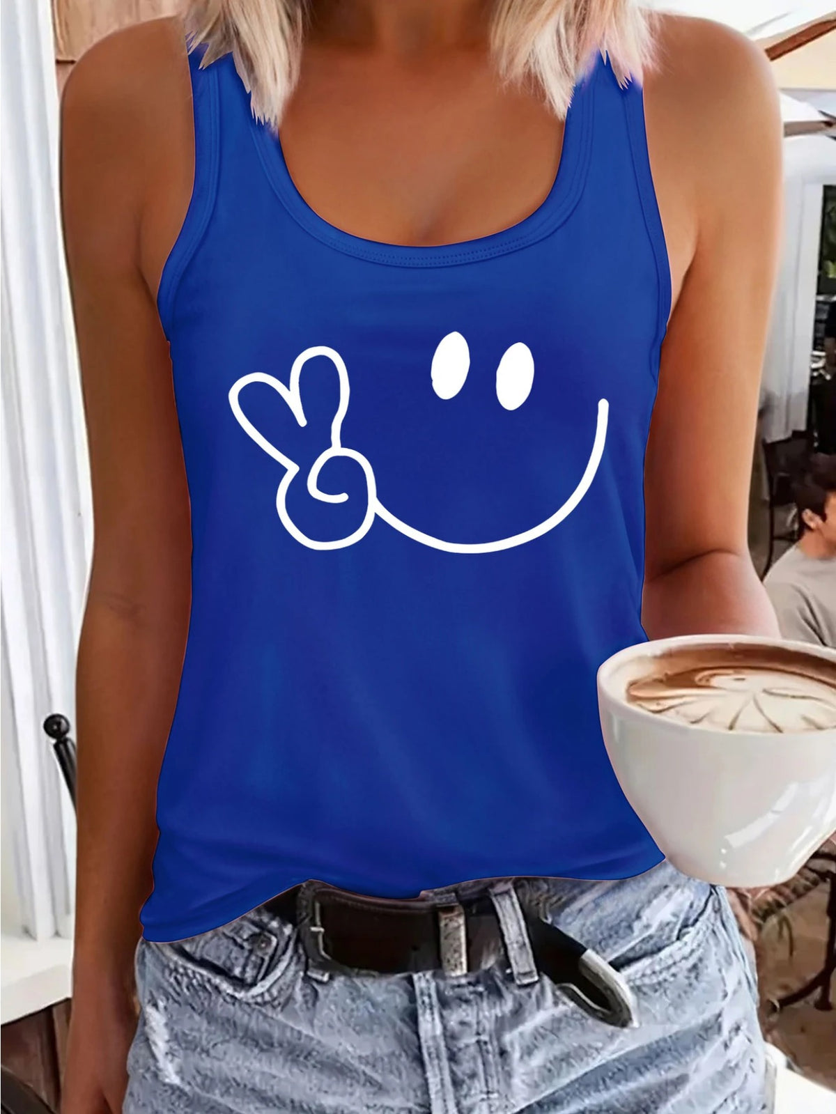 Smile Graphic Sleeveless Sports Vest for Women Elastic Athletic Tank Top Casual Outdoor Activewear Loose Fit Summer Leisure Shirt