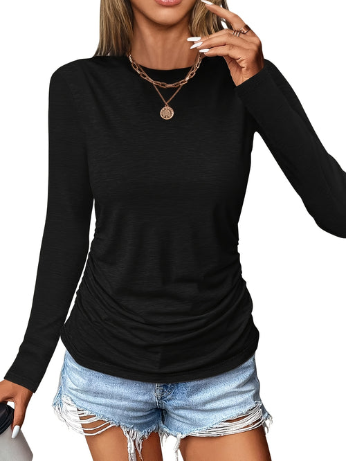 3pcs Set Women Pleated Round Neck Long Sleeve Form-Fitting Knit Outfit | Elegant Solid Color Fall Winter Fashion
