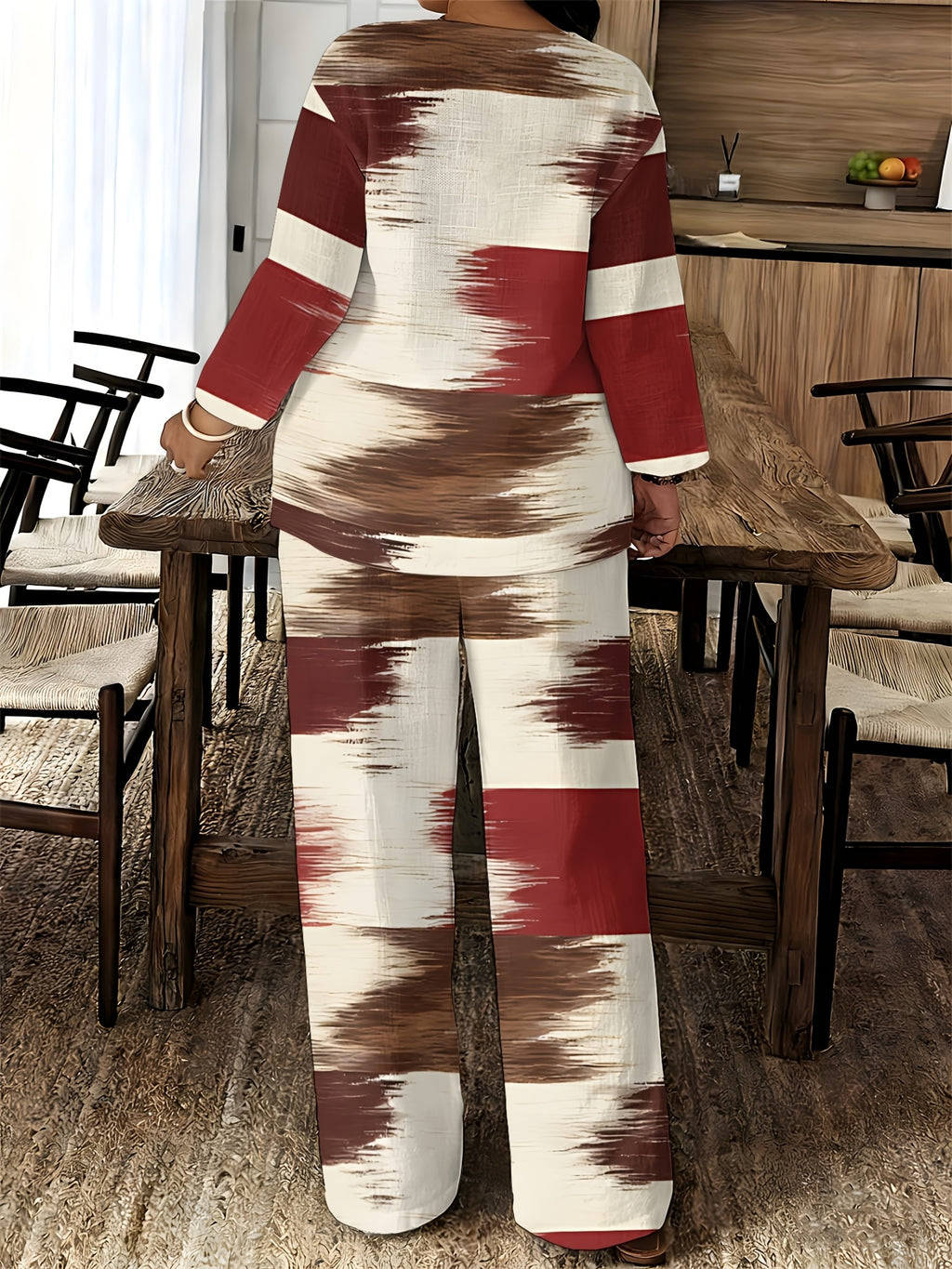 V-Neck Long Sleeve Printed Shirt Pants 2pcs Set Women Floral Digital Print Elastic Waist Casual Loungewear Spring Summer Two-Piece Outfit 15 Colors S-XXL