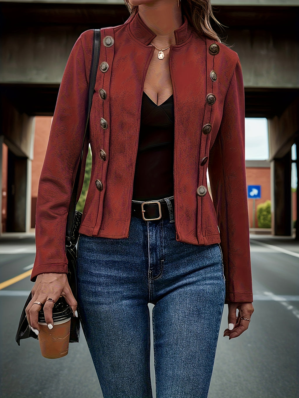 Women's Vintage Double Breasted Jacket Long Sleeve Woven Outwear Elegant Coat Spring Fall S-XXL