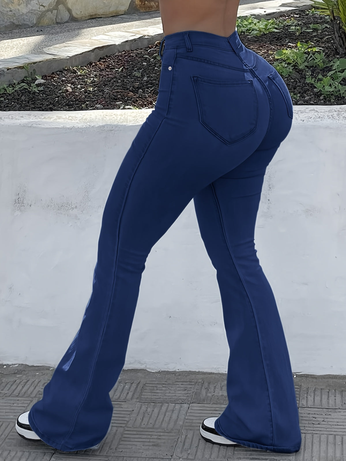High Waist Stretch Flare Jeans Women Wide Leg Pants with Pockets – Solid Color Street Style, All-Season Comfortable Denim, Machine Washable