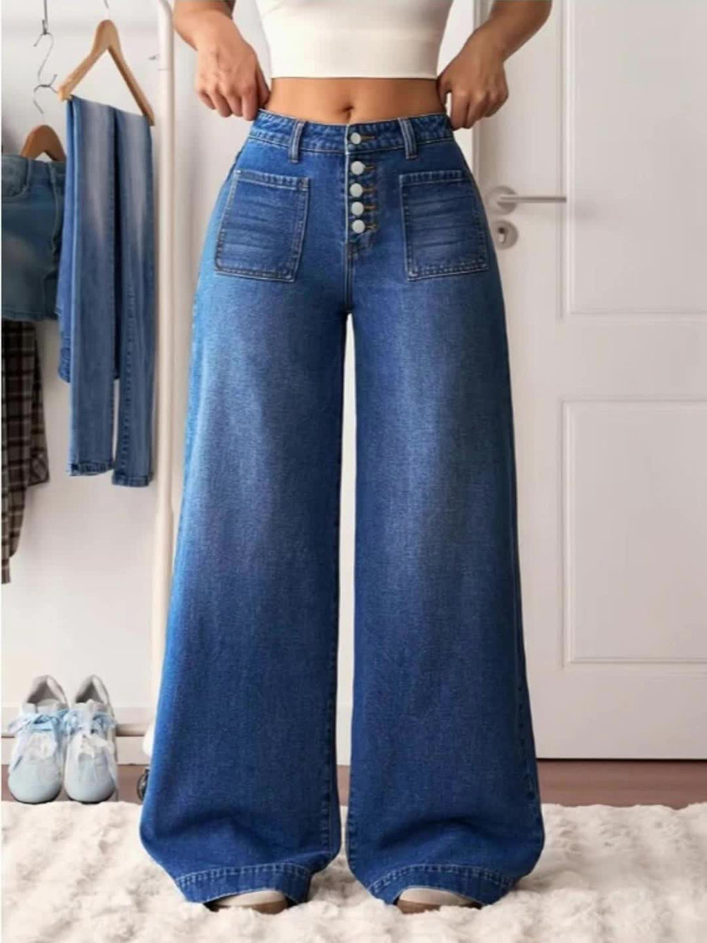 High Waisted Wide Leg Denim Pants Women Solid Blue Button-Front Stretch Fabric Casual Elegant All Season