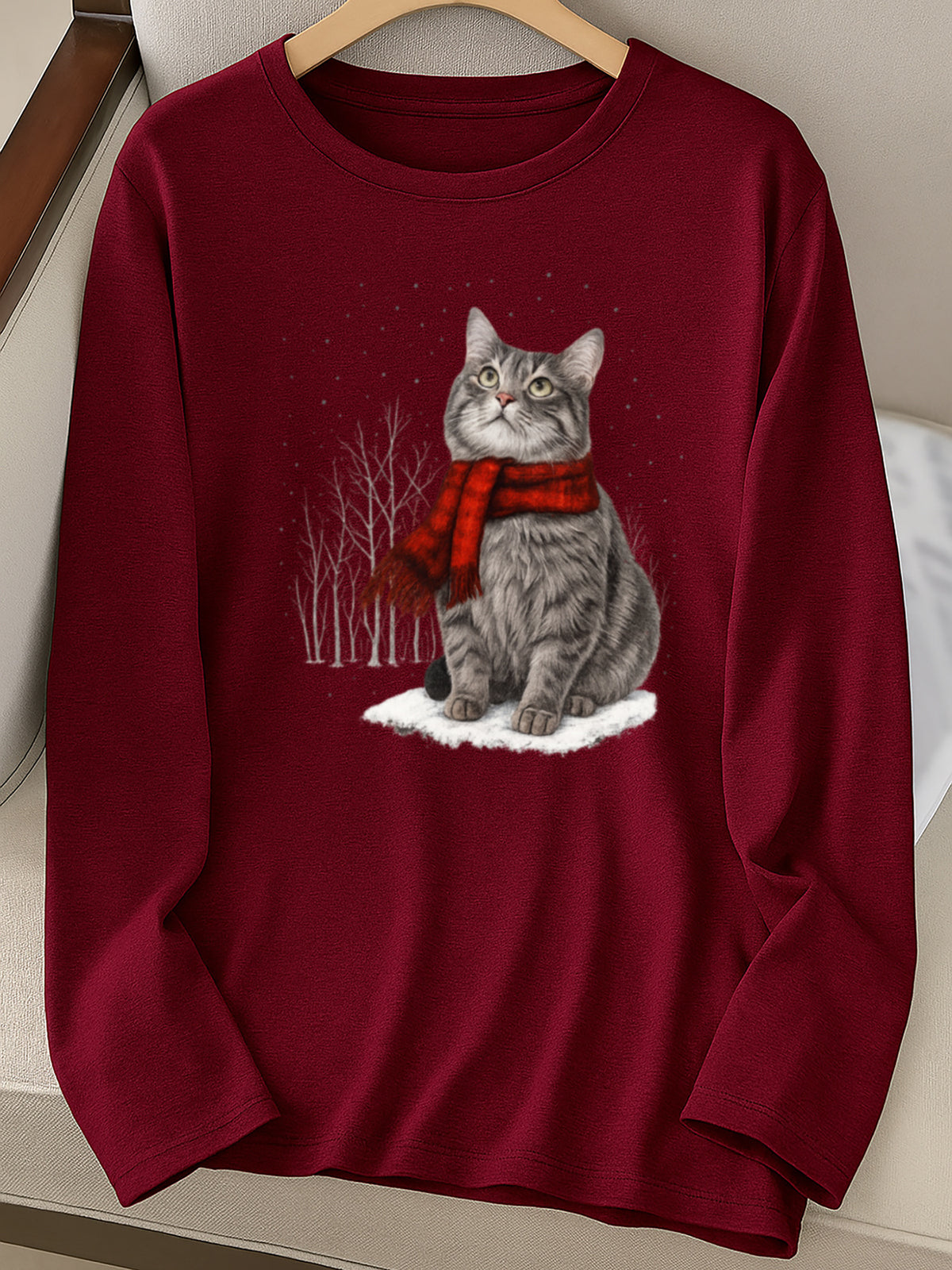Christmas Cat Print Women Long Sleeve T-Shirt Crew Neck Casual Holiday Graphic Tee Soft Breathable Multi-Color Top Spring Fall