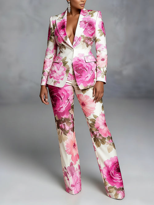 2pcs Floral Print Suit Set for Women Slim Fit Blazer and Flared Pants Matching Outfit Party Retro Social Event Dark Pink S-XXL
