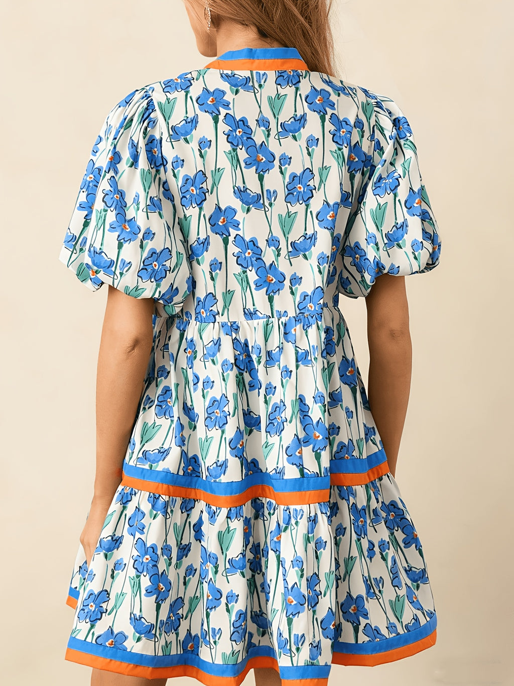 Puff Sleeve Floral Mini Dress Women Boho V-Neck Loose Flared Hem Lightweight Beach Vacation Dress Summer S-XXL