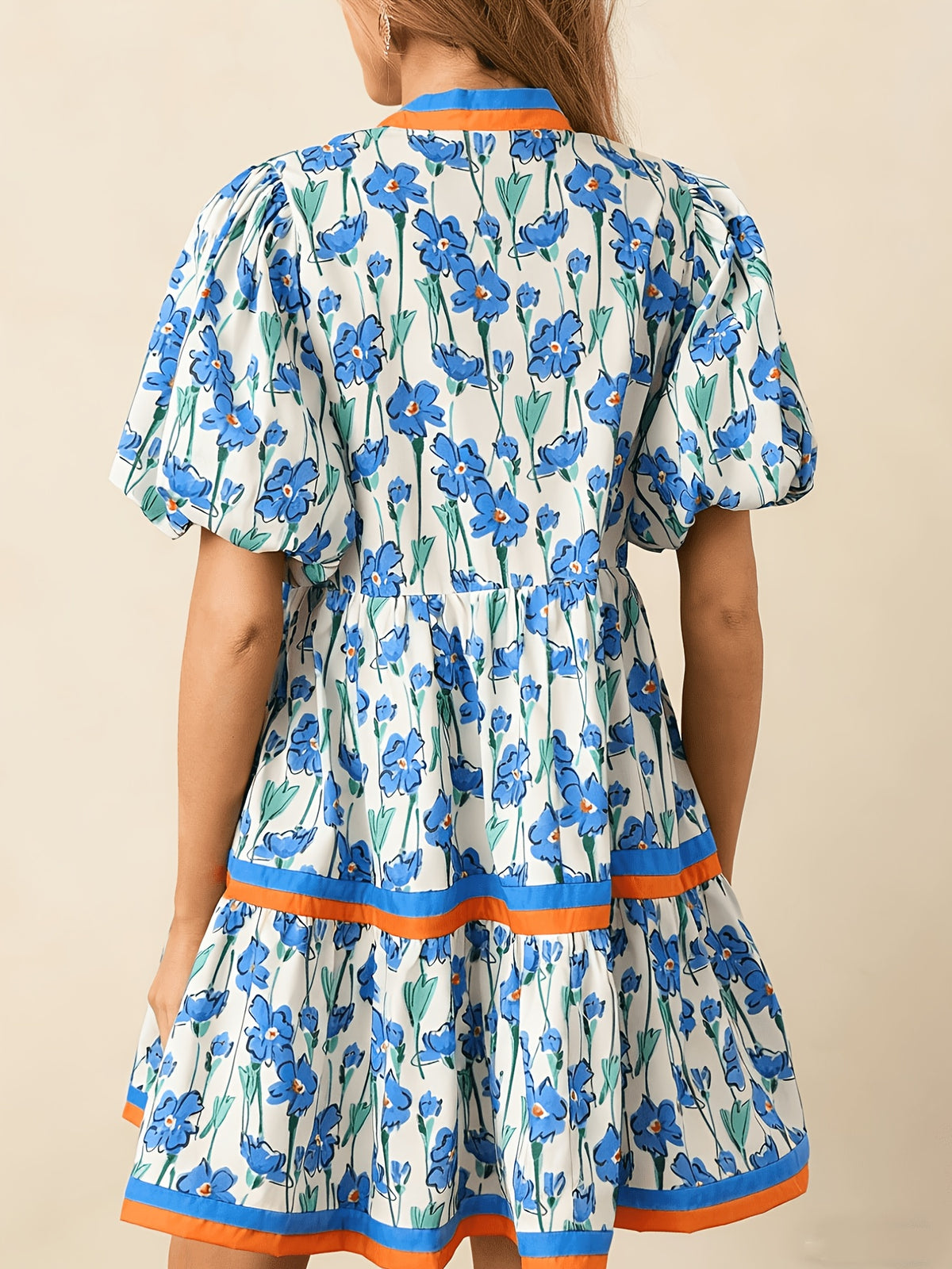 Puff Sleeve Floral Mini Dress Women Boho V-Neck Loose Flared Hem Lightweight Beach Vacation Dress Summer S-XXL