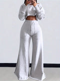 2pcs Lounge Set Women Cropped T-Shirt High Waist Sweatpants Drawstring Straight Leg Cozy Casual Fall Winter Matching Outfit