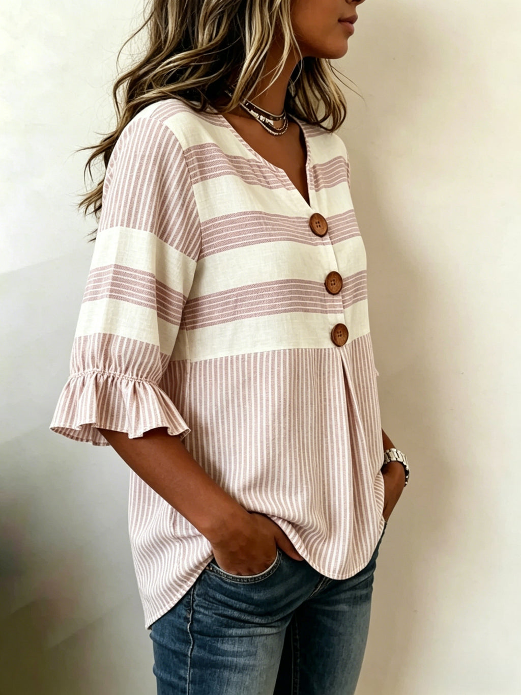 Striped V-Neck Blouse Women Ruffle 3/4 Sleeve Loose Fit Tunic Top Lightweight Linen Button Detail Summer Shirt S-2XL