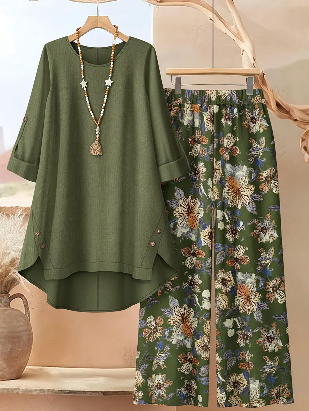 Women's Vintage Floral 2pcs Set Asymmetric Button Mid-Sleeve Top & Wide-Leg Pants Loose Casual Boho Autumn Winter Matching Outfit