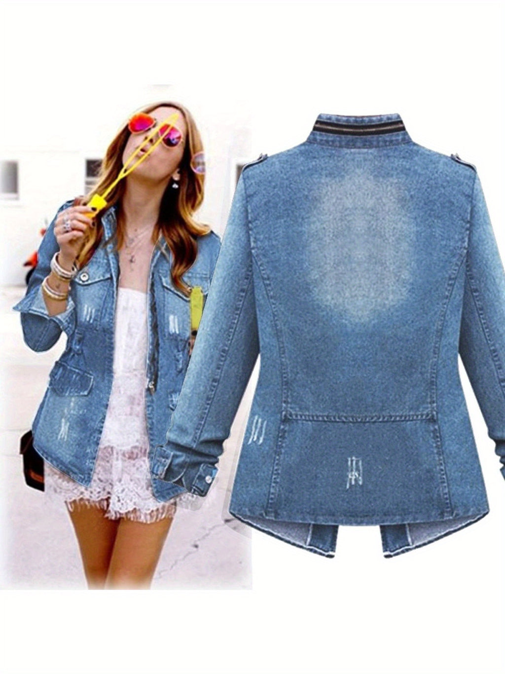 Round Neck Three Quarter Sleeve Short Denim Jacket Women Casual Daily Outfit Spring Autumn Jean Coat Blue Light Blue