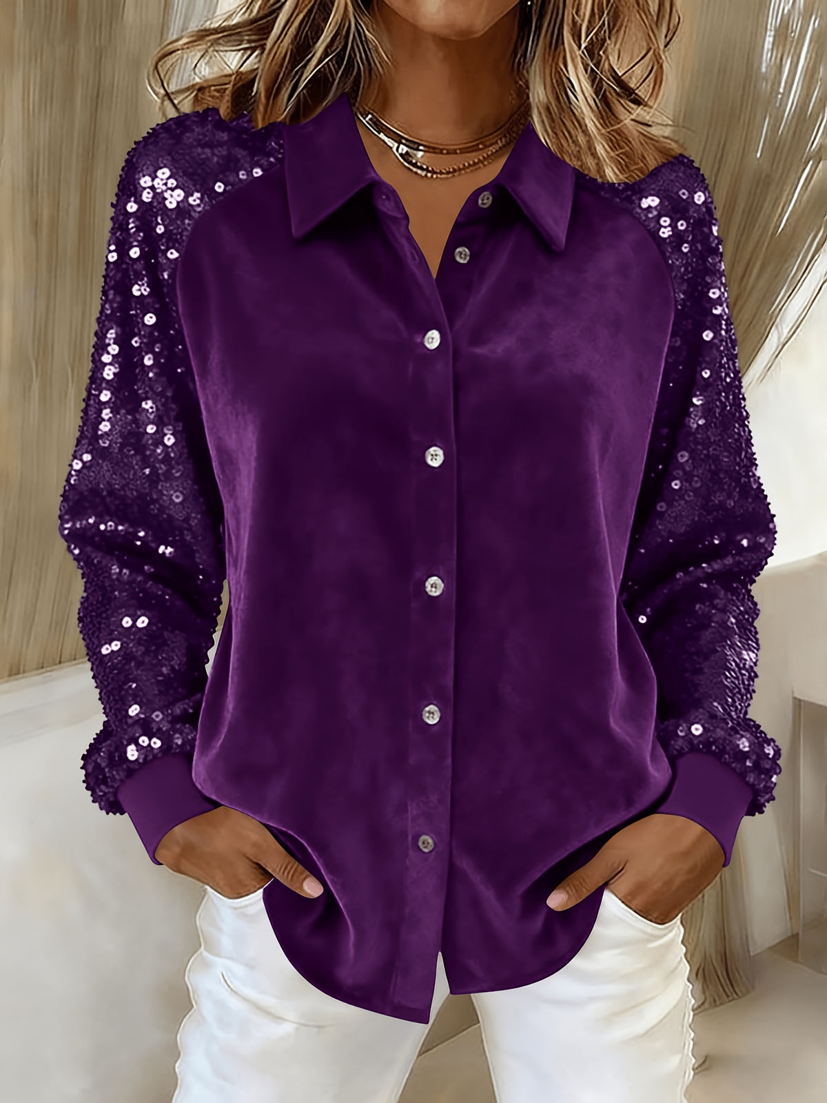 Sequin Sleeve Velvet Top Women Lapel Collar Long Sleeve Patchwork Loose Shirt Chic Solid Color Spring S-XL