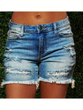 High Waist Distressed Denim Shorts for Women - Frayed Hem Slim Fit Stylish Trendy Jean Shorts, Eye-Catching Summer Fashion Bottoms with Raw Edge Detail