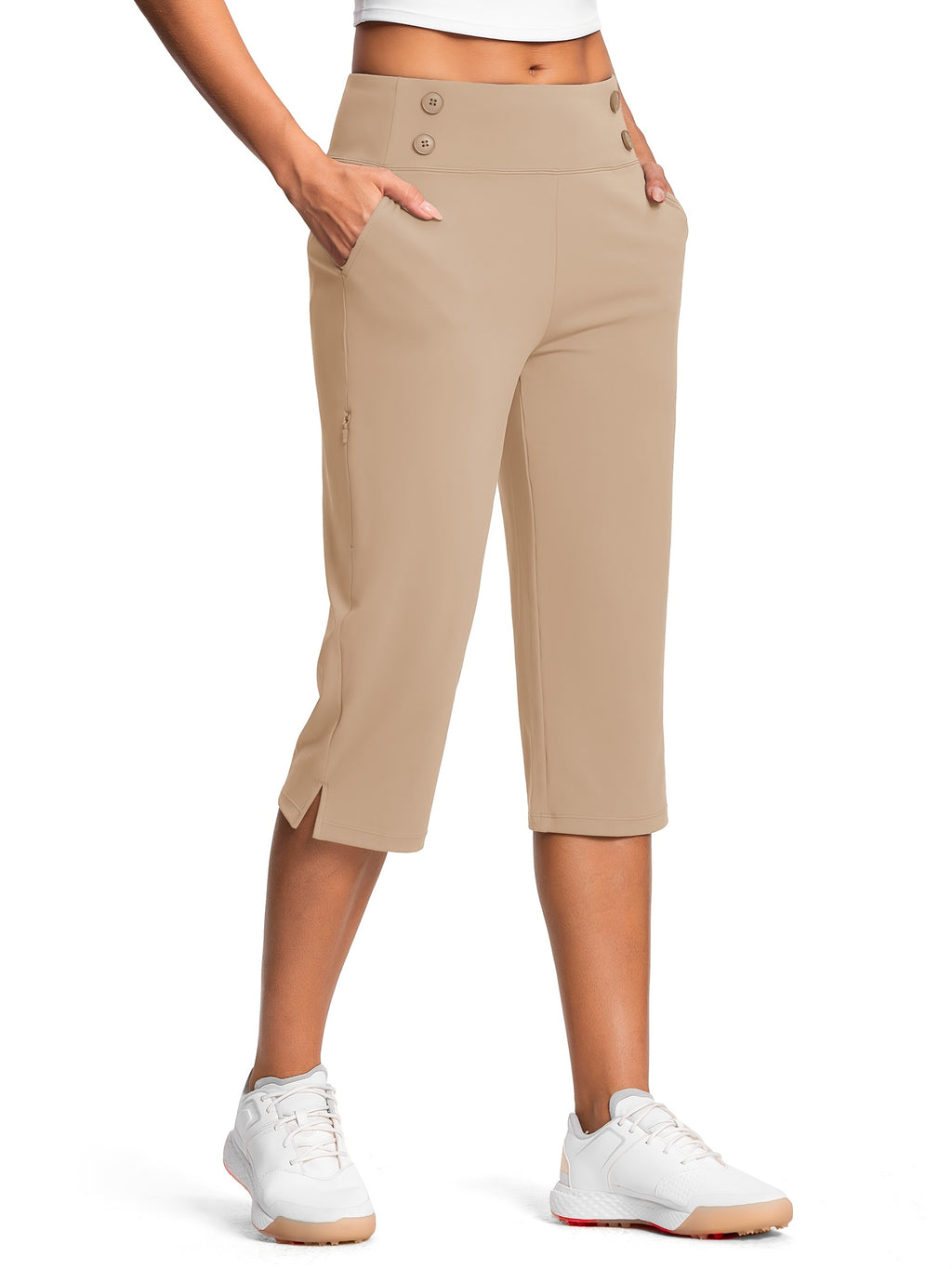 Dressy Stretch Capri Pants for Women High Waist – 18 Inch 82% Polyester 18% Spandex Knit, Elastic Waist Pockets Solid Color Work Casual Summer Spring Fall Comfortable Bottoms S-XXL