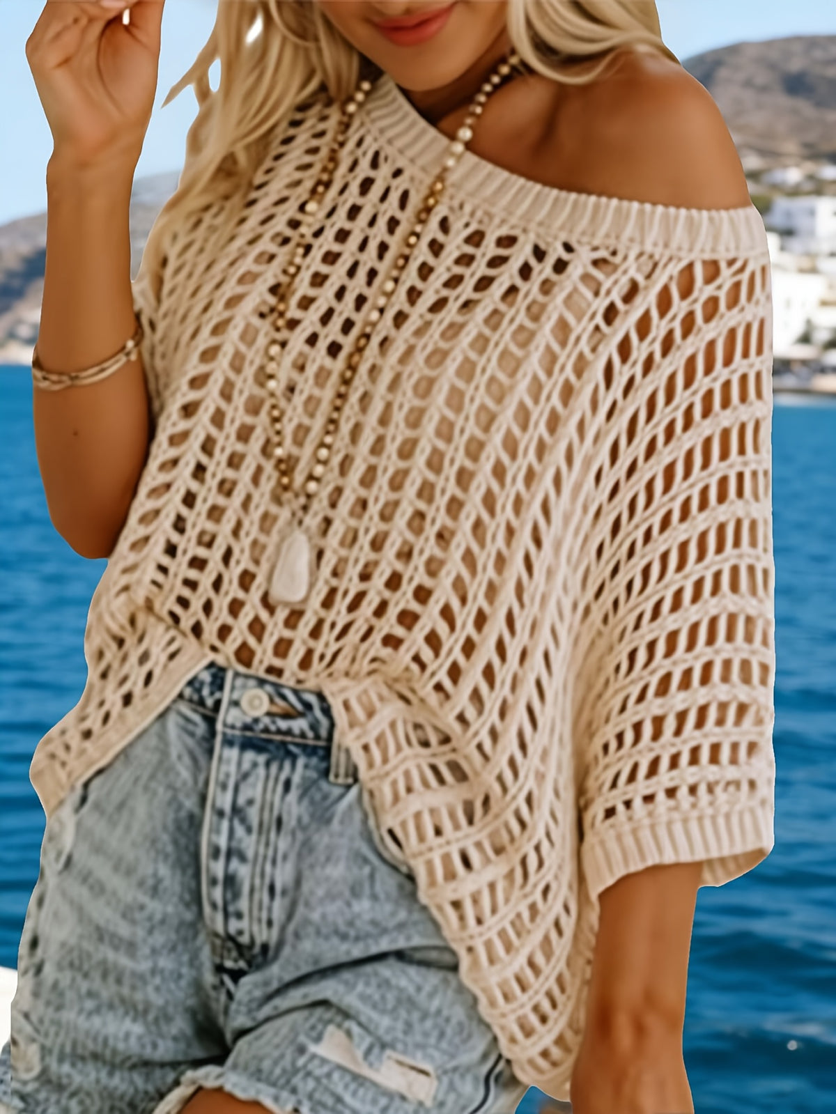 Women's Off Shoulder Crochet Blouse Batwing Sleeve Hollow Out Semi Sheer Loose Beach Cover Up Top Curvy Summer Vacation Resort Wear