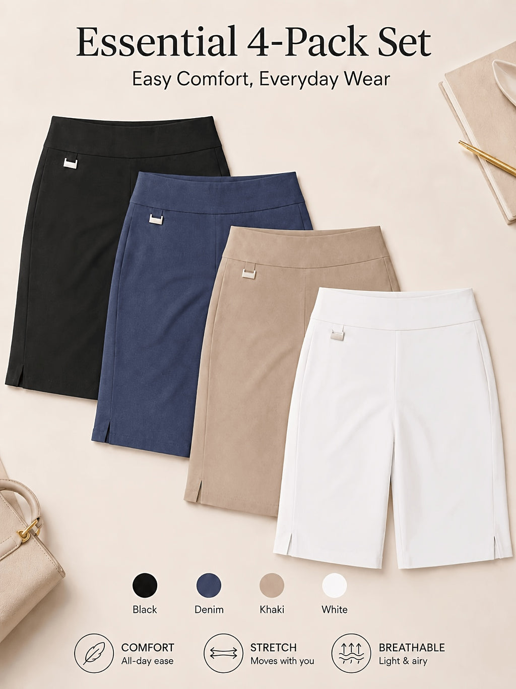 Women's Bermuda Shorts 4-Pack Pull-On Stretchy Breathable Knee Length Work Shorts with Side Slit Hem Skin-Friendly Multi-Color Set