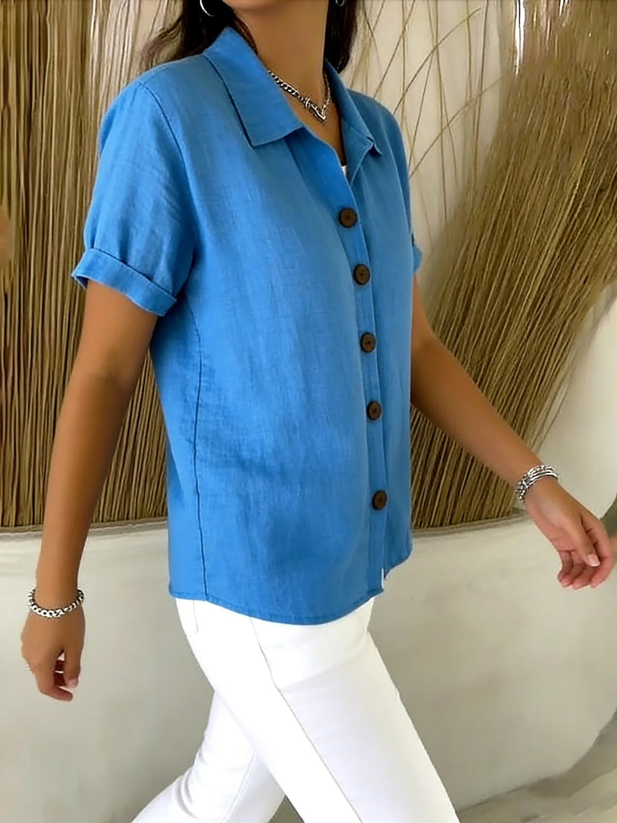 Button-Up Shirt Women Short Sleeve V-Neck Collar Blouse Business Casual Elegant Office Work Top S-XXL