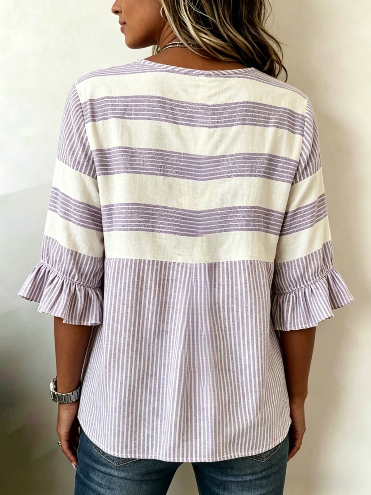 Striped V-Neck Blouse Women Ruffle 3/4 Sleeve Loose Fit Tunic Top Lightweight Linen Button Detail Summer Shirt S-2XL