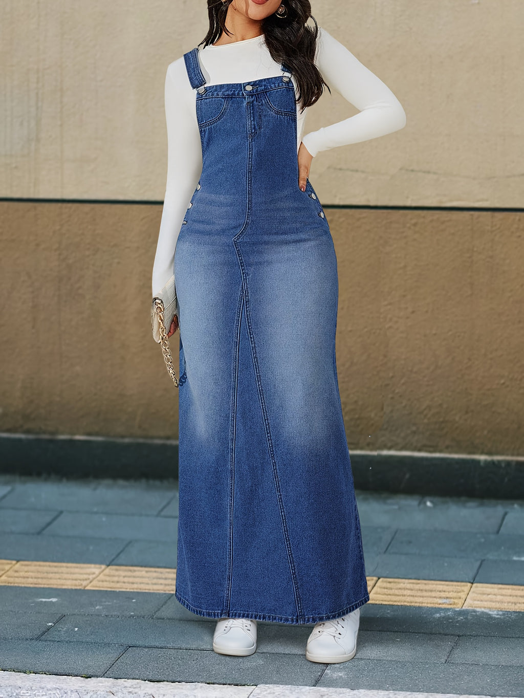 Women's Denim Maxi Dress Loose Fit Detachable Strap Button Closure Casual Chic Long Dress Spring Summer Fall