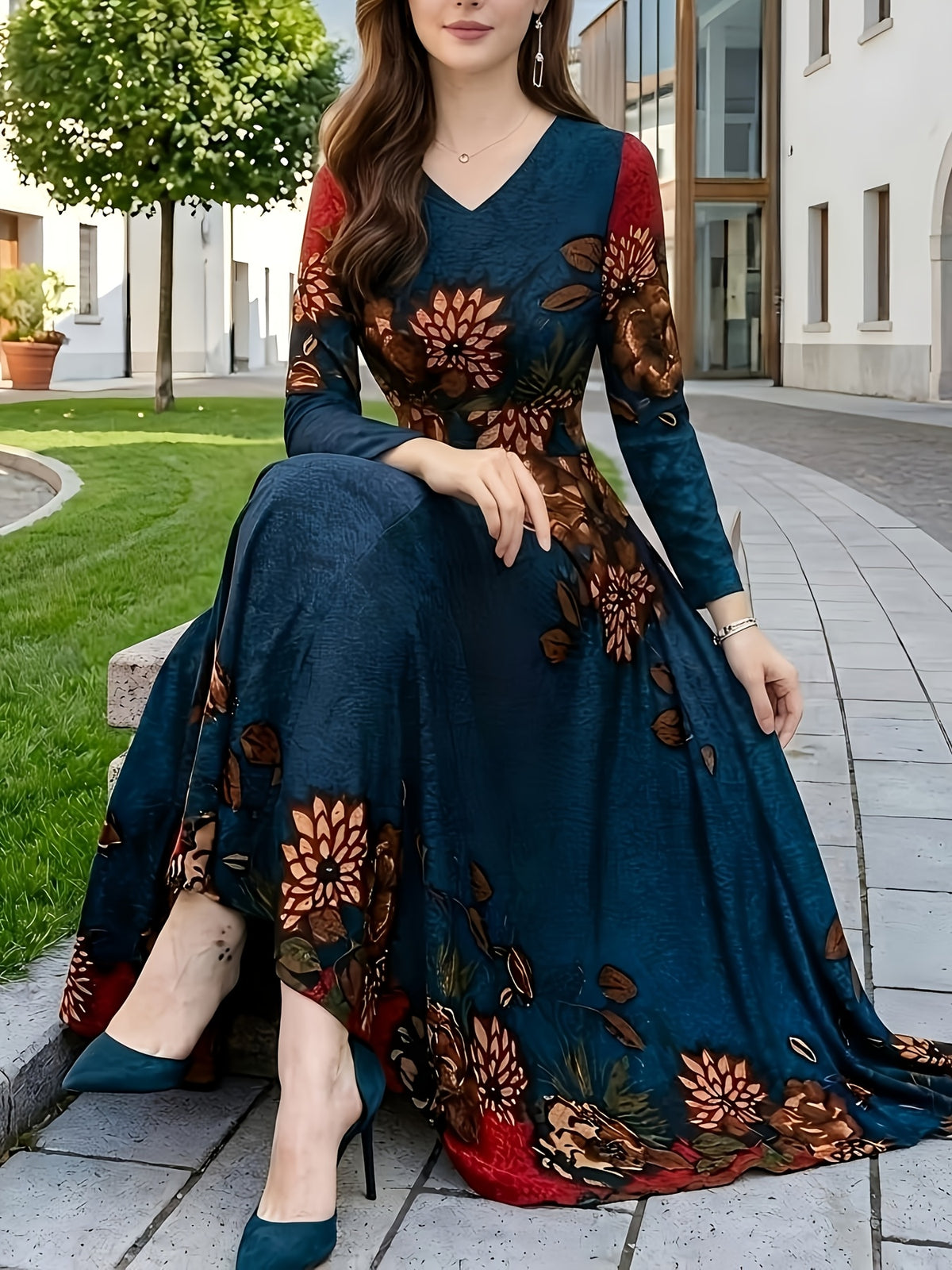 Women's Floral Print V-Neck Maxi Dress A-Line Long Sleeve Spring Autumn Fashion Multicolor S-XXL