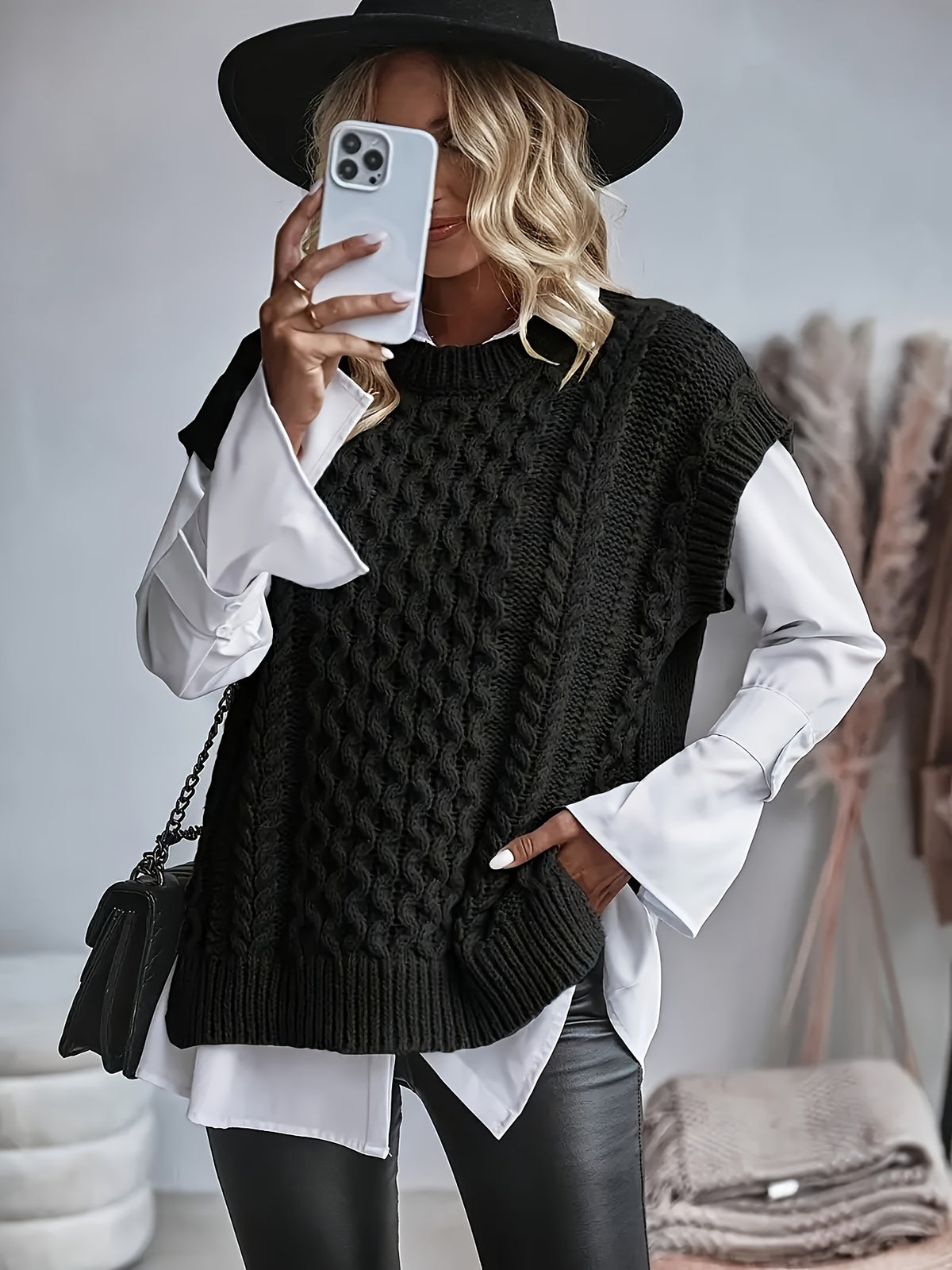 Cable Knit Sweater Vest Women Sleeveless Round Neck Slit Hem Solid Color Layering Top - Casual Semi-Formal Acrylic Knitwear Spring Summer Fall