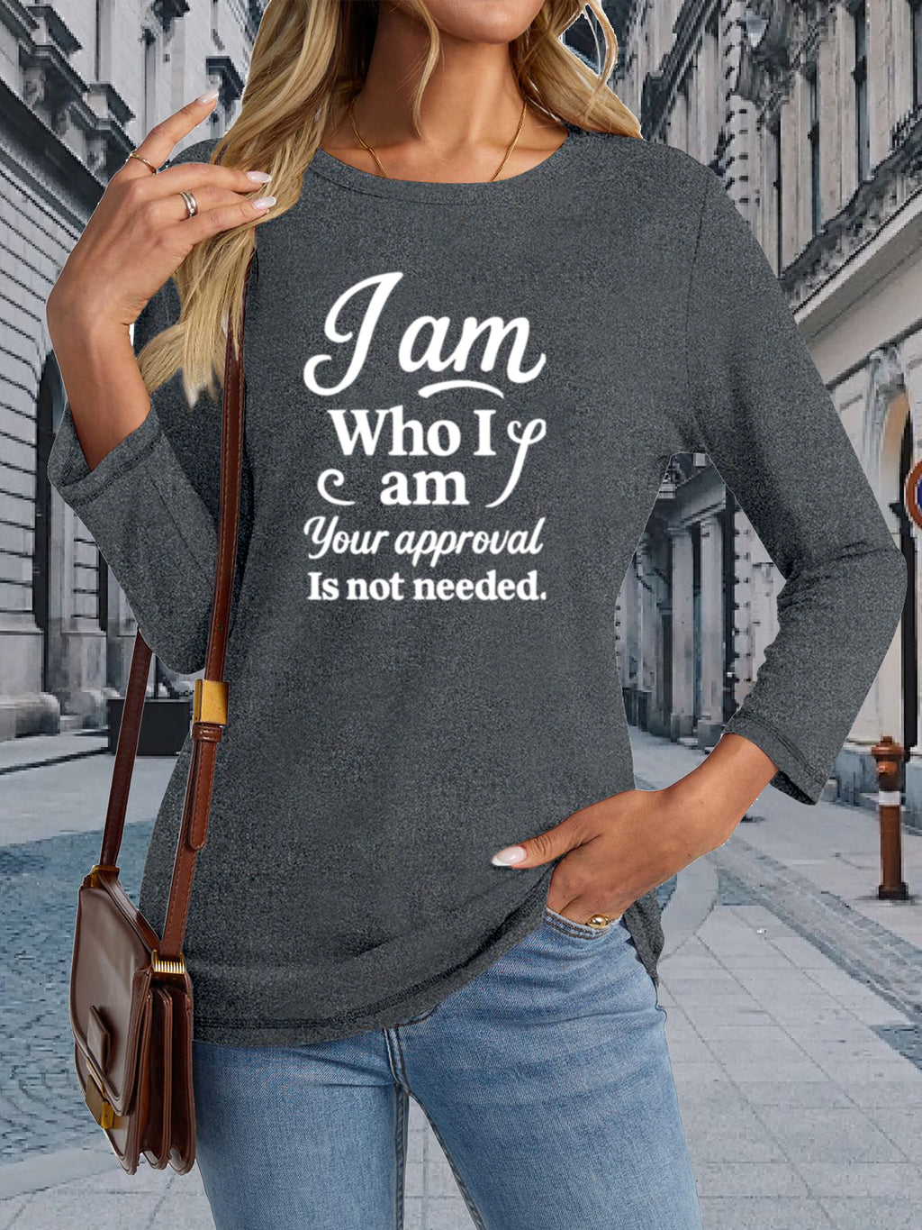 Slogan Print Long Sleeve T-Shirt Women Crew Neck Casual Graphic Tee for Travel Work Campus 100% Polyester S-XXL