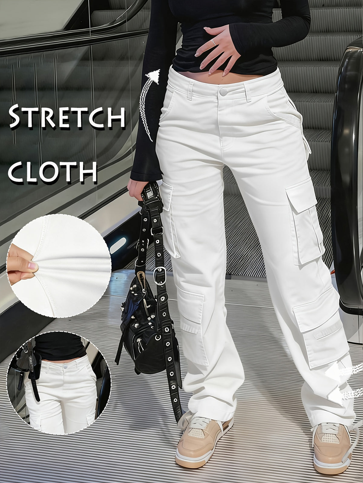 Y2K Retro Wash Women's Work Pants Multi-Pocket Casual Straight Leg Khaki Black Gray S-XXL