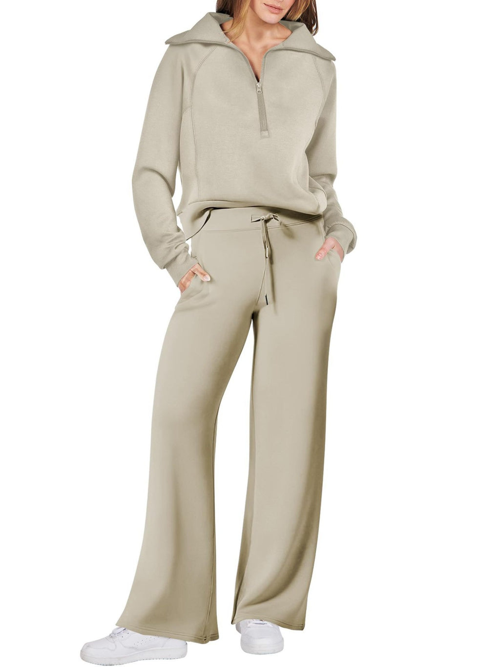 Zipper Sweatshirt Wide-Leg Pants 2 Piece Set Women Casual Tracksuit Outfit for Spring Fall - Loose Fit Jogger Co-ord Set