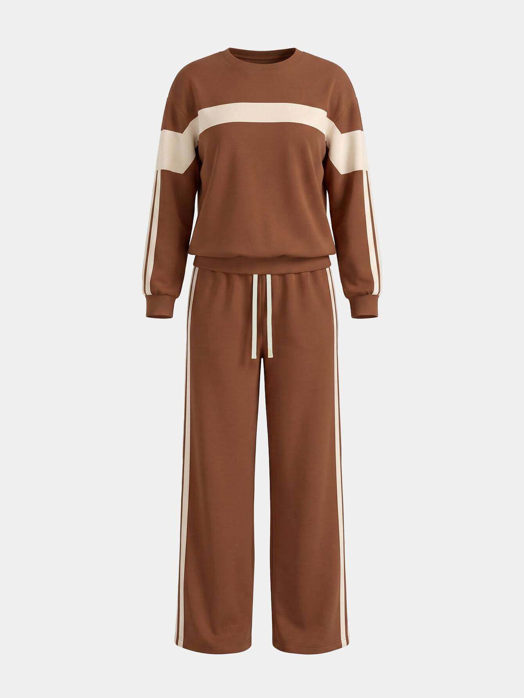 Color Block Stripe Sweatshirt & Wide Leg Pants Set Women Caramel Brown Crewneck Drawstring Retro 2pcs Outfit | Fall Winter