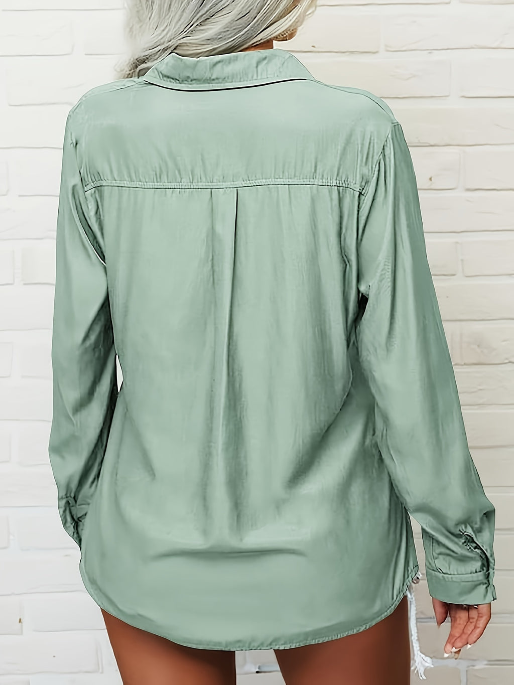 Women's V-Neck Button Down Blouse Slim Fit Lapel Collar Long Sleeve Work Shirt with Chest Pocket Roll-Up Cuffs