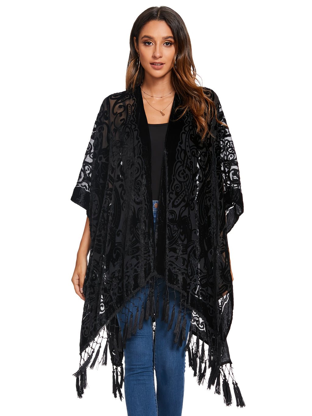 Boho Burnout Velvet Kimono Women Long Cardigan Cover Up Tassel Floral Embroidered One Size