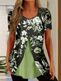Floral Print T-Shirt Women Black Green White Short Sleeve Crew Neck Stretch Machine Washable Casual Summer Top Lightweight Tee S-XXL
