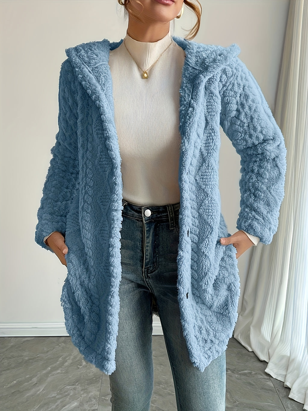Hooded Fuzzy Coat Women Mid-Length Jacket with Buttons Soft Warm Fleece Fall Winter Outerwear 5 Colors S-XXL