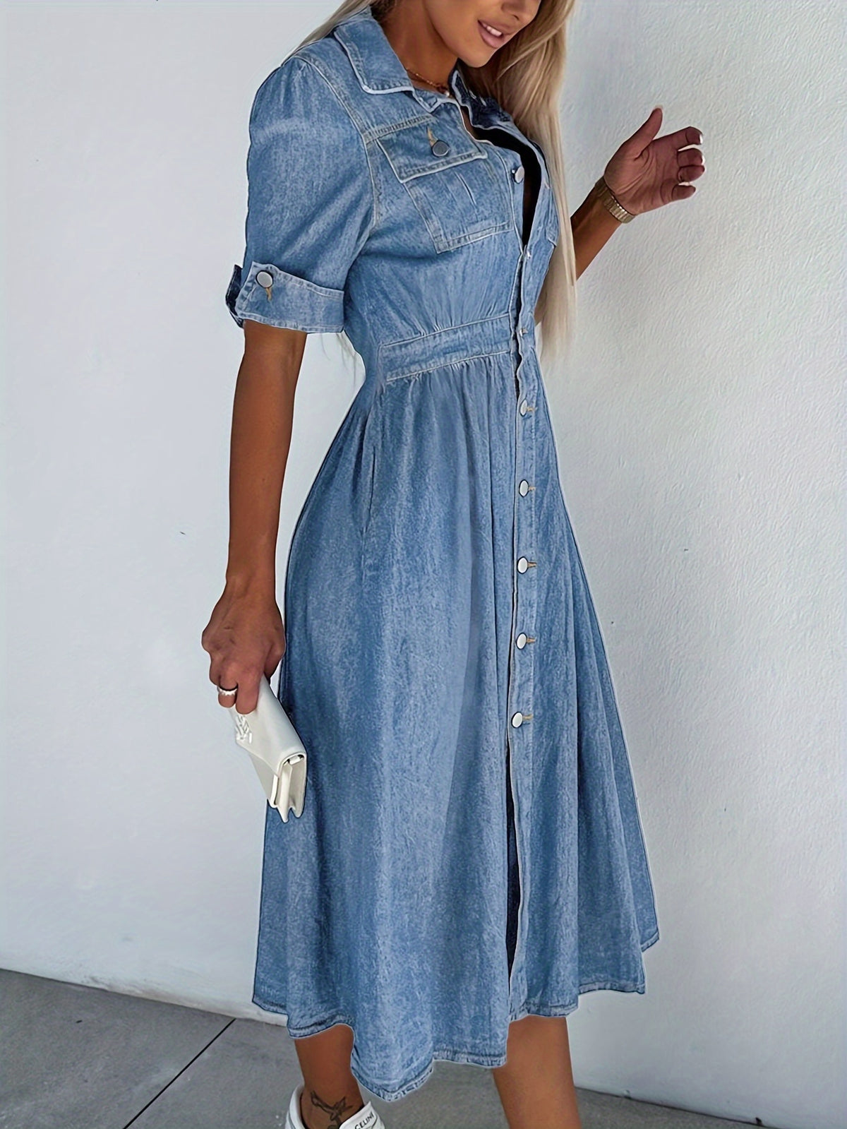 Women's A-Line Denim Jean Dress V-Neck Button Front with Pockets Casual Waist Fitted Shirt Dress Blue Dark Blue Medium Blue S-XXL