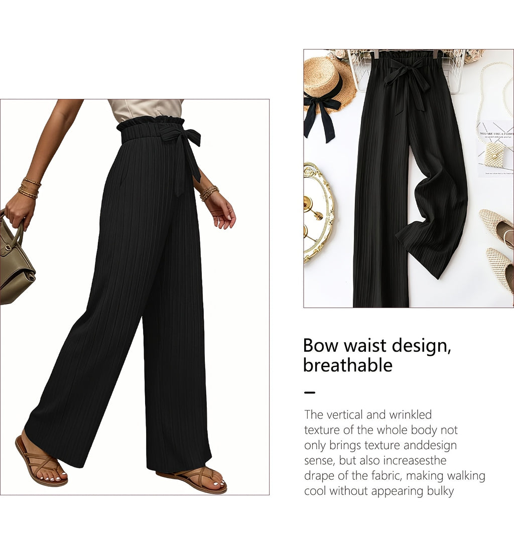 Pleated Wide Leg Pants Women 3 Pack Bow Elastic Waist Loose Straight Leg Long Trousers Spring Summer Daily Commute Casual Versatile S-XXL