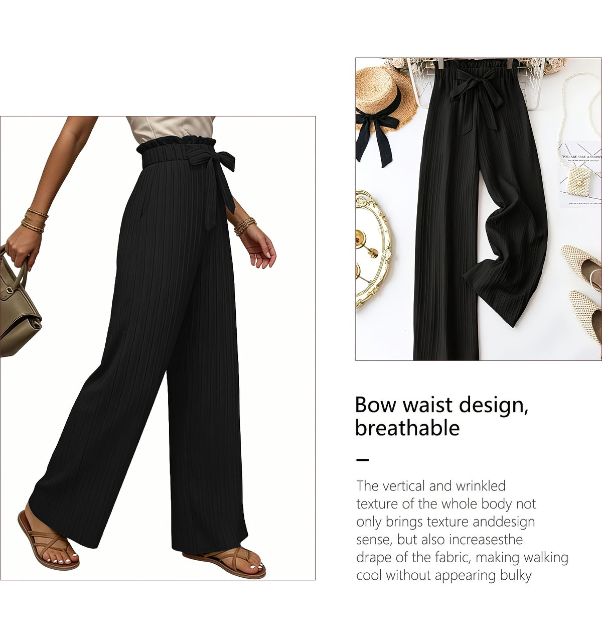 Pleated Wide Leg Pants Women 3 Pack Bow Elastic Waist Loose Straight Leg Long Trousers Spring Summer Daily Commute Casual Versatile S-XXL